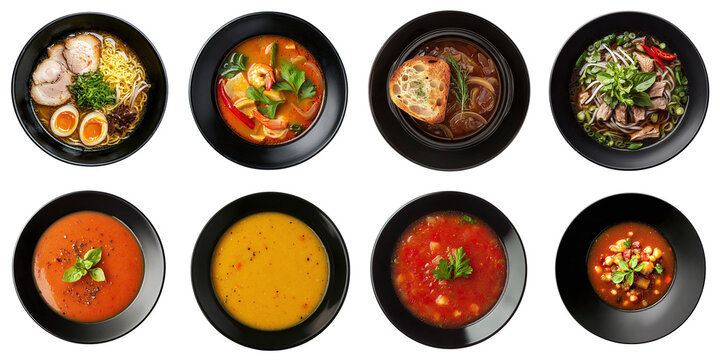 Set of restaurant soups from different countries, isolated on transparent background PNG, clipping path, template, mockup, cut out