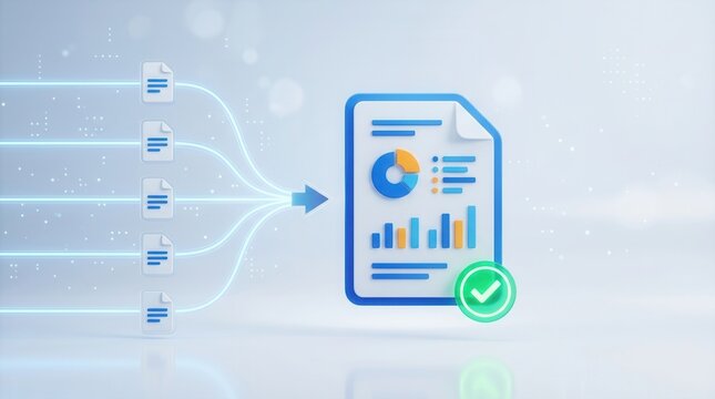 Data analytics visualization with multiple document icons merging into a single verified report.