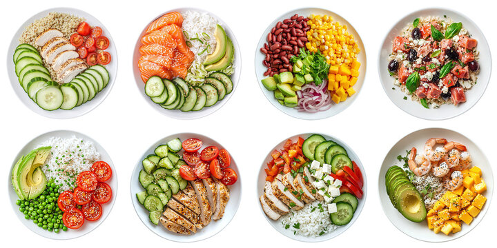 A set of healthy protein bowls, isolated on a transparent background PNG, clipping path, template, mockup, cut out