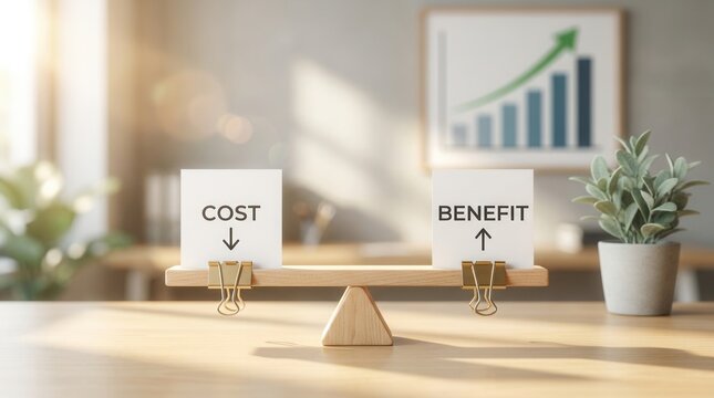 Financial analysis of cost vs benefit using a wooden balance scale and rising chart.