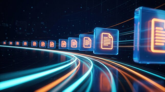 Digital data transmission concept featuring orange file icons and fast light trails in cyberspace.