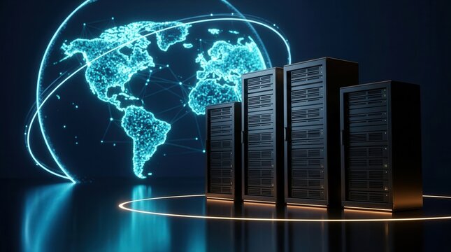 A row of server racks standing before a glowing digital world map symbolizing global data connectivity.