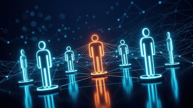 A professional network with a central glowing leader figure illustrating corporate hierarchy.