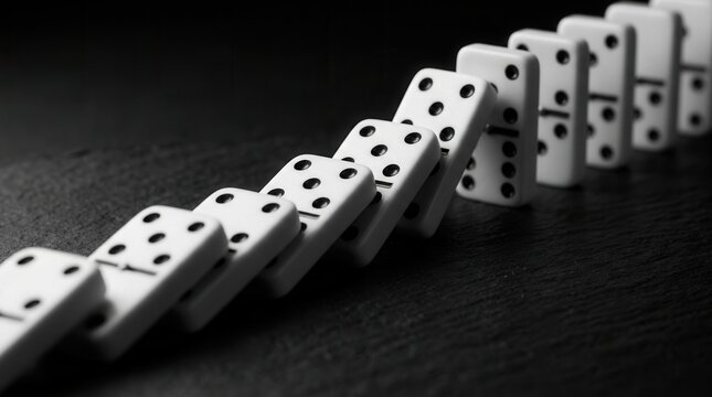 Sequential domino effect with white domino pieces falling on a dark textured surface.