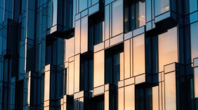 Urban architecture featuring geometric glass panels and vibrant blue and orange reflections.