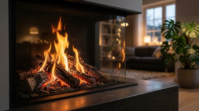 A warm gas fireplace featuring glowing flames and rustic logs in a comfortable setting.