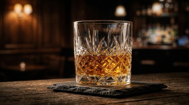 Amber whiskey in a crystal cut glass sitting on a dark slate coaster and wooden surface.