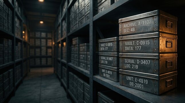 Rows of vintage numbered metallic data archive boxes on shelves within a dark storage facility.