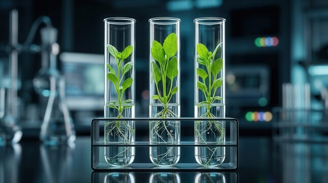Scientific test tubes containing thriving green plants symbolizing biotechnology and sustainability.