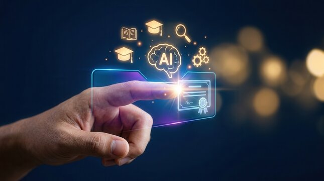 Digital certificate being activated by a hand for artificial intelligence education and skill development.