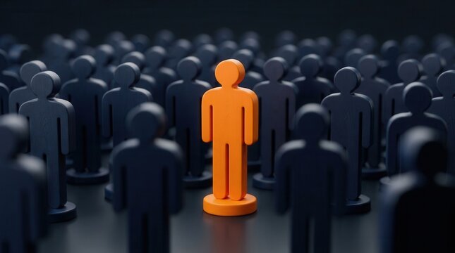 Uniqueness and diversity represented by an orange figure amidst a crowd of blue ones.