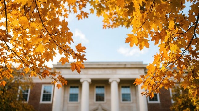 Seasonal beauty with vibrant autumn leaves and a classic building architecture.