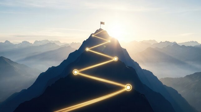 Strategic success roadmap showing the journey toward a mountain peak goal.
