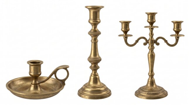 Three antique brass candle holders including a low chamberstick, a tall single candlestick, and a three-armed candelabra on white background