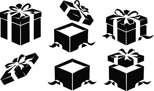 Collection of Black and White Gift Box Vector Illustrations for Birthday, Christmas, and Holiday Celebrations; Silhouette Icons of Open and Closed Presents with Ribbons and Bows Set