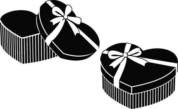 Elegant Black and White Heart-Shaped Gift Box Vector Illustration for Valentine's Day, Anniversaries, and Romantic Celebrations; Minimalist Gift Box with Ribbon Bow and Striped Detail