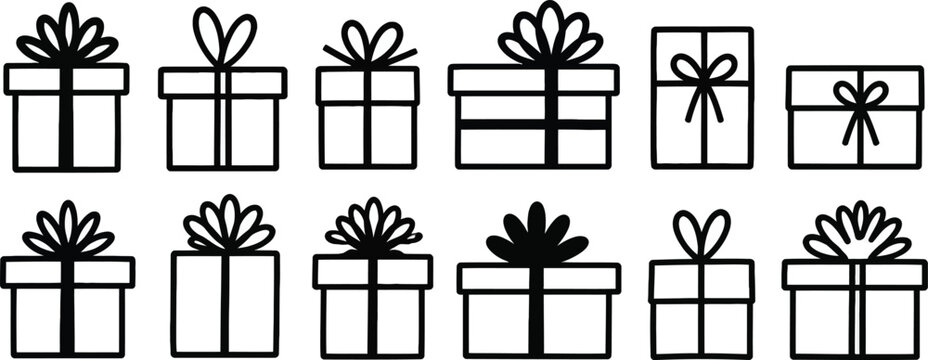 Set of 12 minimalist gift box icons in black outline style. Perfect for birthday, Christmas, and holiday celebration designs. High-quality vector illustration for web and print use.