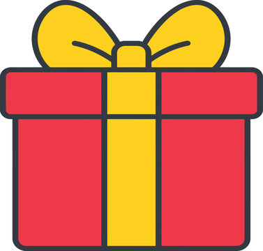 Colorful Red Gift Box with Yellow Ribbon Vector Illustration for Christmas, Birthday, Anniversary, and Holiday Celebrations, Isolated Flat Icon Design for Graphic Projects.