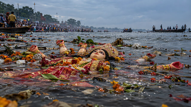 Fully decorated hindu idol floating backwards on river surface covered with beautiful orange flowers representing final durga visarjan traditions of durga puja