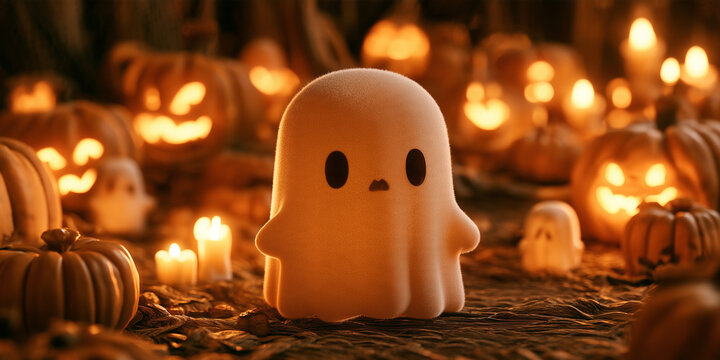 cute Halloween backdrop 3d render with ghost and pumpkins