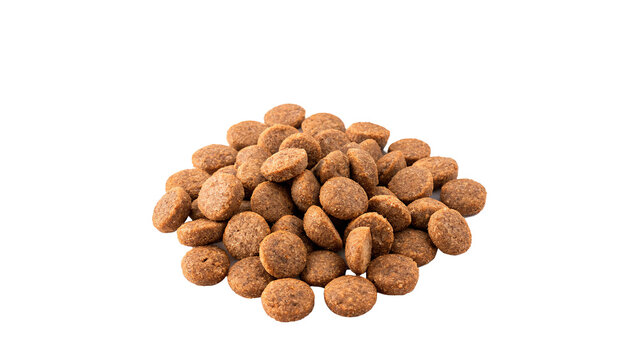 Small pile heap of brown crunchy animal pet food kibbles snack, isolated on transparent background.