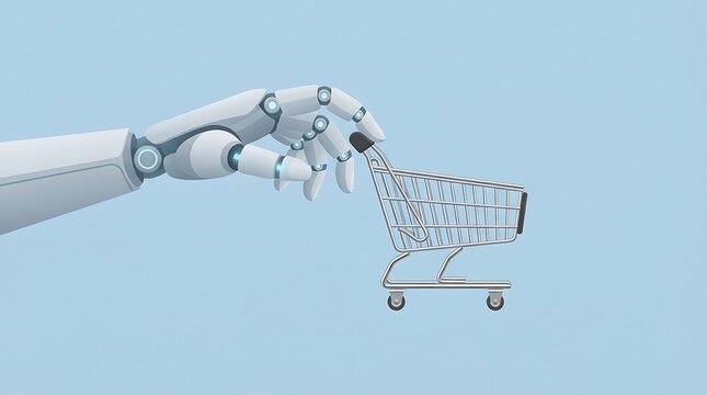 A robotic hand pushes a shopping cart in a conceptual e-commerce and retail illustration.