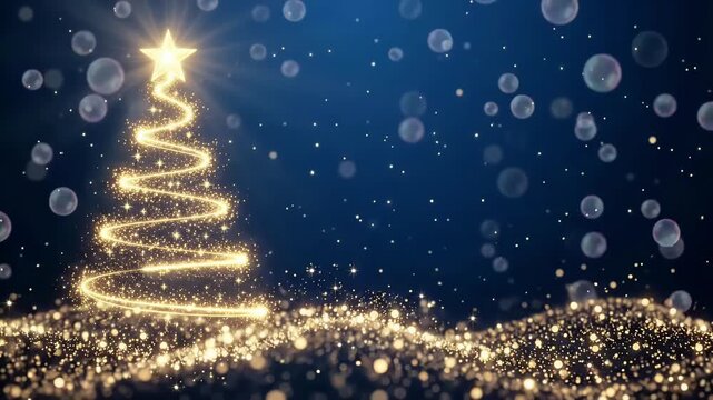 Glowing Golden Spiral Christmas Tree with Shining Star and Sparkles Motion Graphic Loop on Blue Holiday Background 3D Render
