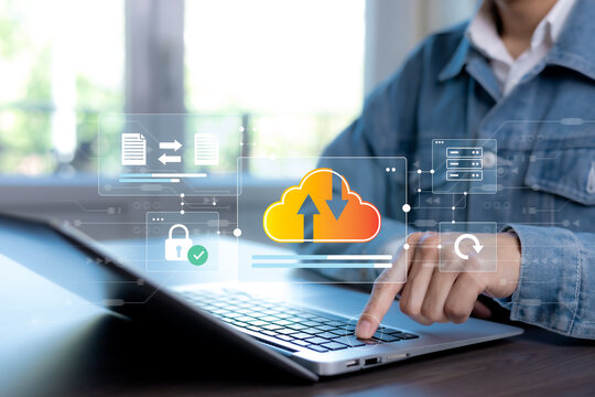 Cloud storage and file synchronization concept with upload and download arrows, document exchange, server connectivity and a security lock on a digital interface.