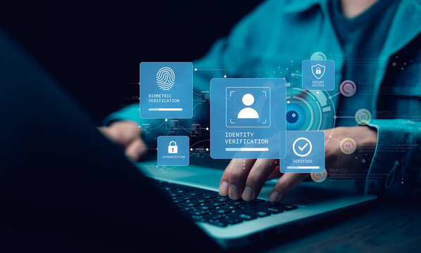 Digital identity verification concept with biometric fingerprint authentication, secure access and verified user panels, illustrating cybersecurity and personal data protection.