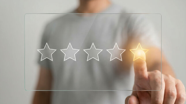 Person selecting glowing star rating on transparent screen representing workforce feedback in gig economy with positive engagement