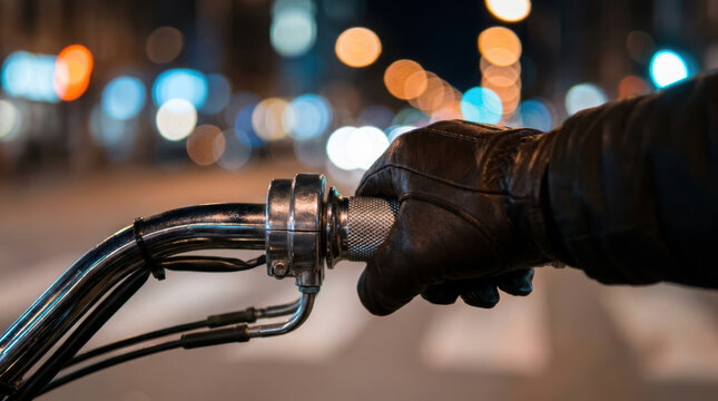 Motorcycle handlebar held by gloved hand at night with blurred city lights showing gig economy workforce freedom