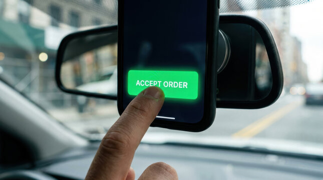 Person using smartphone mounted on car dashboard to accept order, illustrating gig economy and workforce in urban delivery services