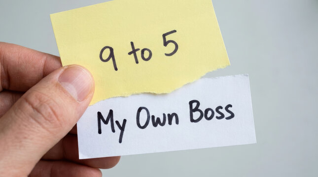 Hand holding two torn paper pieces with 9 to 5 and My Own Boss written, symbolizing shift from traditional work to gig economy and workforce