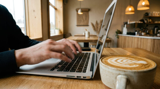 Person typing on laptop in cafe with coffee cup on wooden table showing gig economy workforce concept