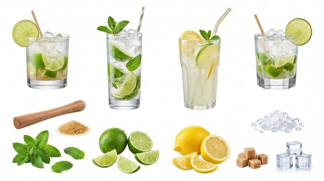 Collection of mojito and lemonade cocktails with fresh lime, lemon, mint leaves, brown sugar, ice cubes, and a wooden muddler on white background