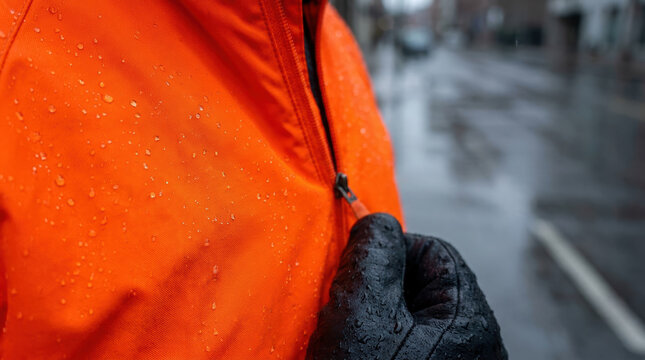Water droplets on orange jacket with black glove hand zipper in rainy weather showing gig economy workforce outdoor work