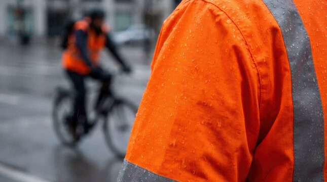 Delivery worker in orange jacket rides bicycle in rainy urban gig economy workforce environment