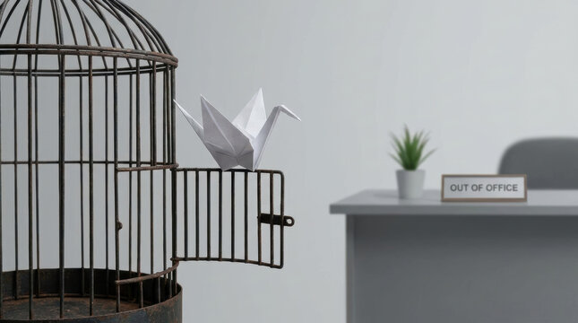 Open birdcage with paper crane on door symbolizing freedom and gig economy workforce creativity in office environment with plant and chair