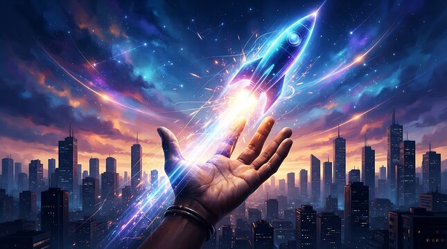 A glowing futuristic rocket launching from an open human hand above a sprawling city skyline at sunset.