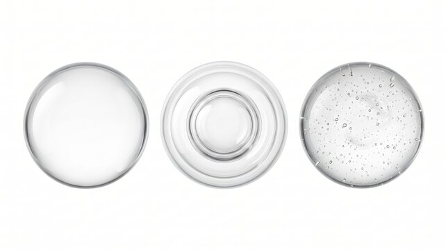 Three circular glass and liquid including a clear sphere, a concentric lens, and a bubble-filled gel drop on a white background