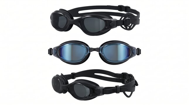 Three pairs of black swimming goggles with tinted lenses, arranged vertically against a plain white background, studio product