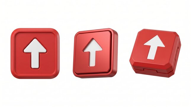 Three red square buttons with white upward pointing arrows, rendered in 3D style from different angles on a white background