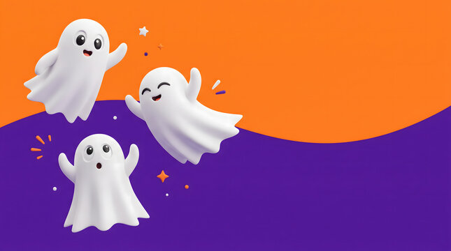 Cheerful three friendly white ghosts on tangerine orange and violet split background for sale poster