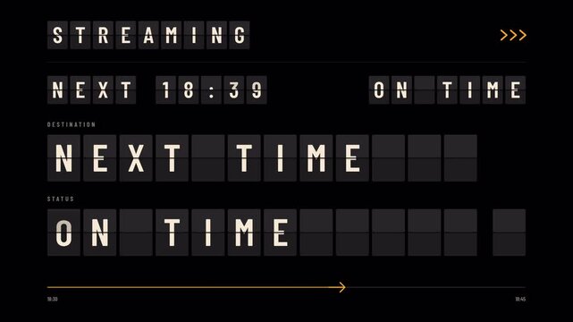 See You Soon split-flap departure animation with changing status and countdown timer for outros video editing. Mechanical flip board with See You Soon text, ticking clock and flipping letters. 4K