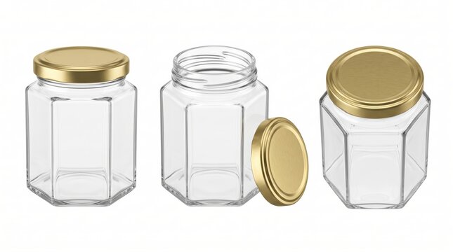 Three hexagonal glass jars with gold metal lids, two jars are closed and one is open with the lid placed beside it on a white background