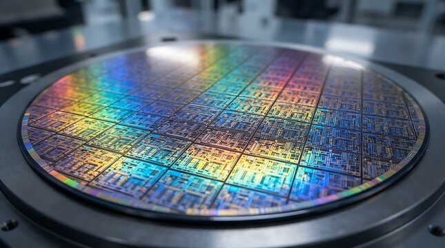 Silicon wafer with microchip processor dies showing rainbow holographic reflection in semiconductor manufacturing cleanroom.