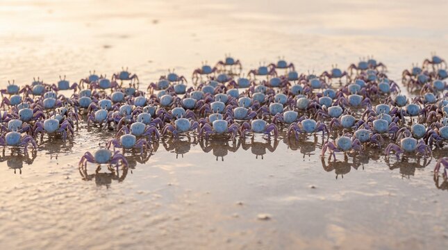Army of Tiny Blue Soldier Crabs Marching Across Wet Sand Flat