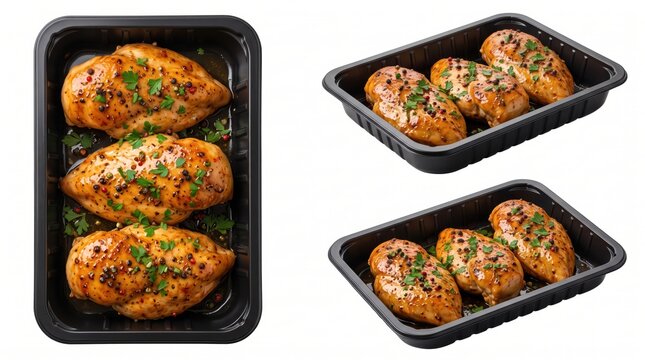 Three roasted chicken breasts seasoned with herbs and spices, served in black plastic food trays, isolated on a white background