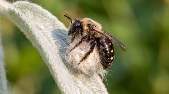 Wool Carder Bee Combing Soft Plant Fuzz From Silver Lambs Ear Leaf