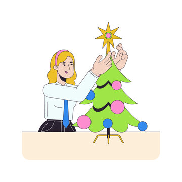 Female office worker decorating Christmas tree with star topper 2D cartoon character. Company holiday preparation. Employee adorning flat vector person isolated on white. Colorful spot illustration